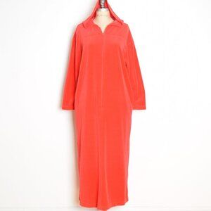vintage 70s nightgown dress Lucie Ann red velour hooded lounge gown L XL